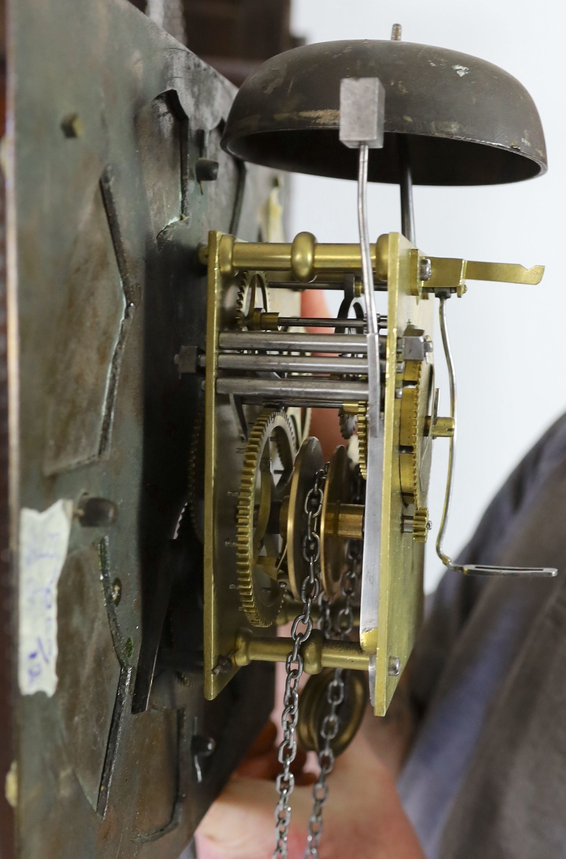 A George III oak cased thirty hour longcase clock, by Price Evans, Salop, the 28cm dial with calendar aperture, case later carved, height 230cm